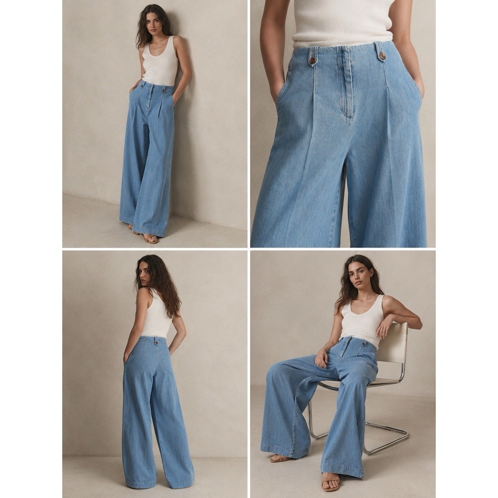 Sam Edelman Lorelai Pleated Wide Leg Pants Sz 2 Light Wash Cotton Trouser Denim
